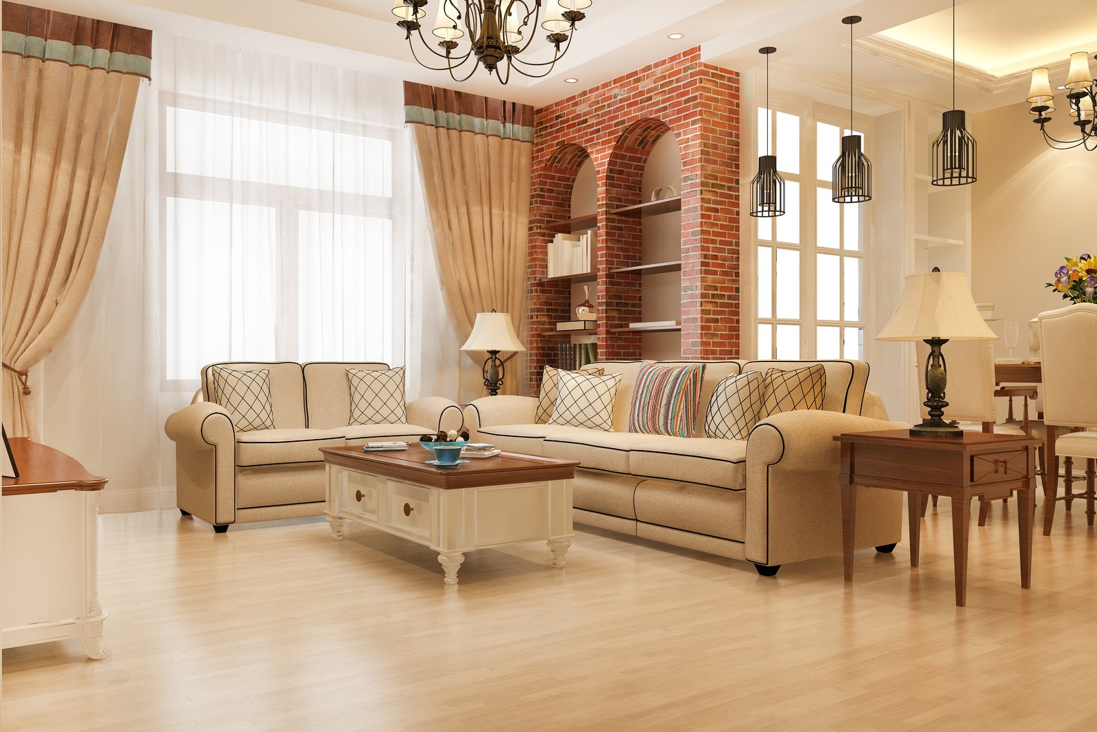 Grand living room with brick arch and layered seating