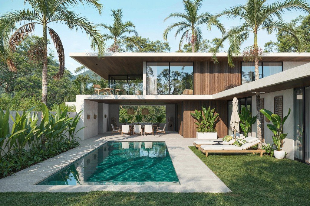 Tropical villa with pool, palm trees, and outdoor dining terrace