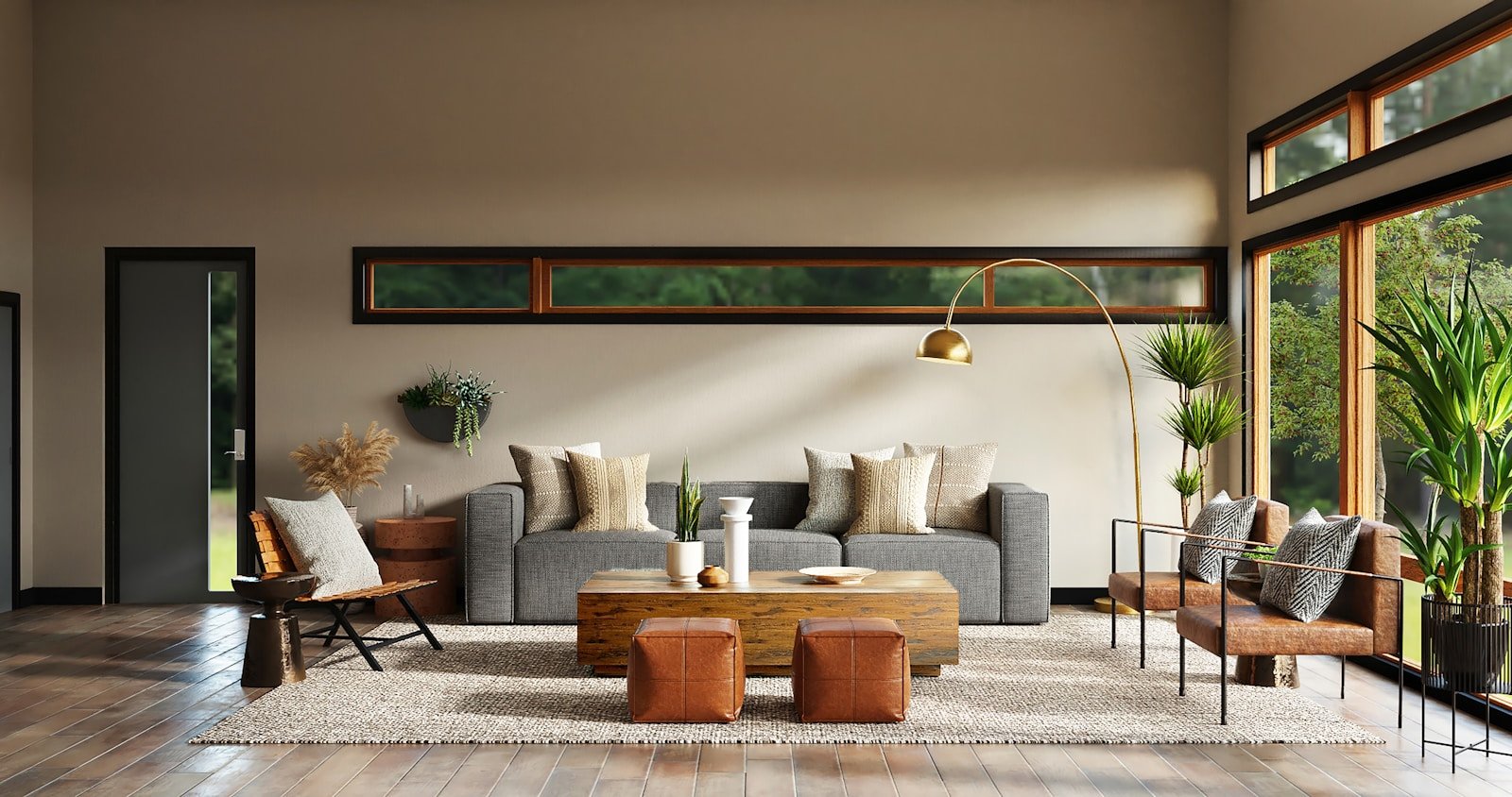 Sunlit modern living room with sculptural seating and layered textures