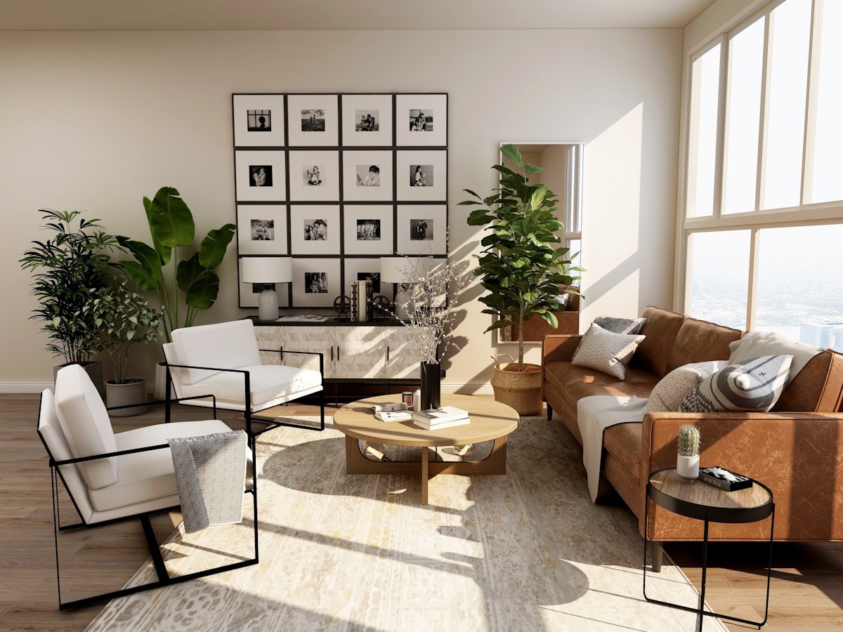 Open living space with floor-to-ceiling glass and natural light