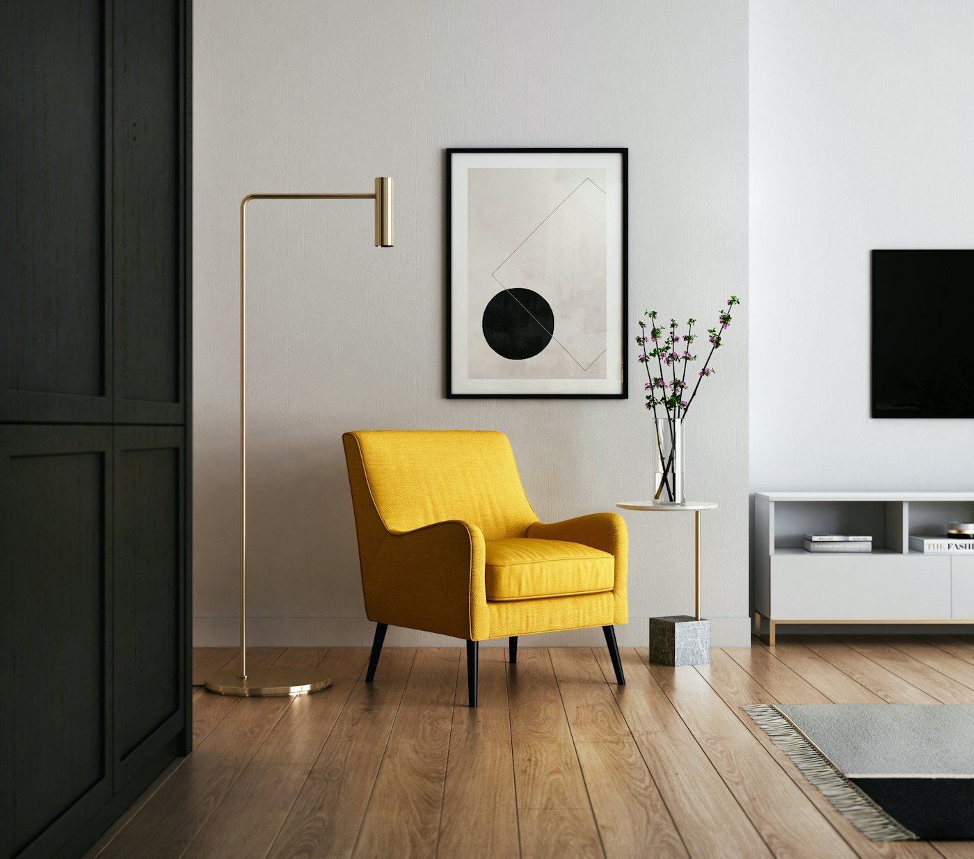 Styled living room with green velvet sofa and warm wood accents