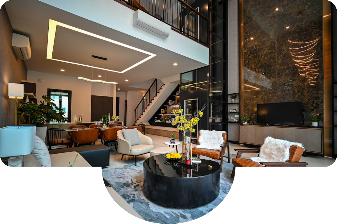 Sunlit living space with loft and dining area