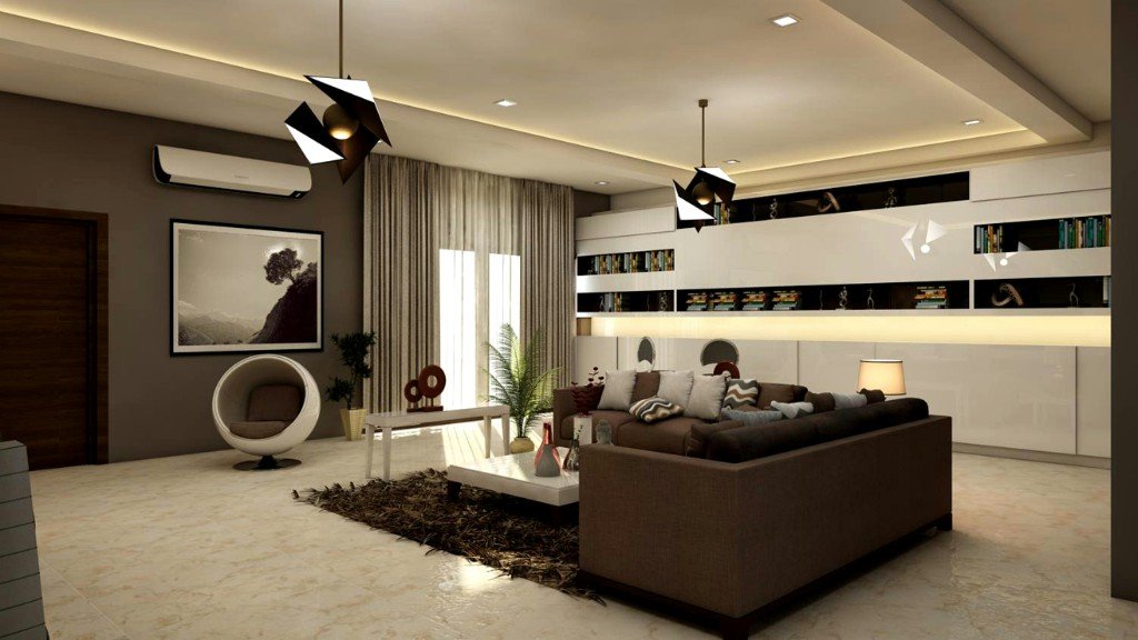 Modern living room with sectional sofa, built-in shelving, and pendant lights